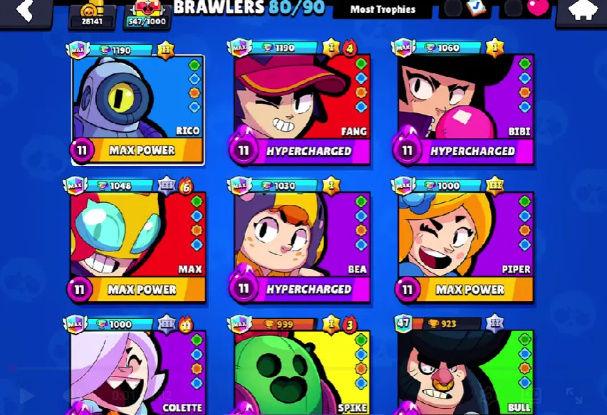 BS1775 29k trophies 79 brawlers 10 max power hypercharged Fang Bibi Bea Colette Spike Bull Loaded Rico Firefly Rico Final Boss Rico Gene (G)